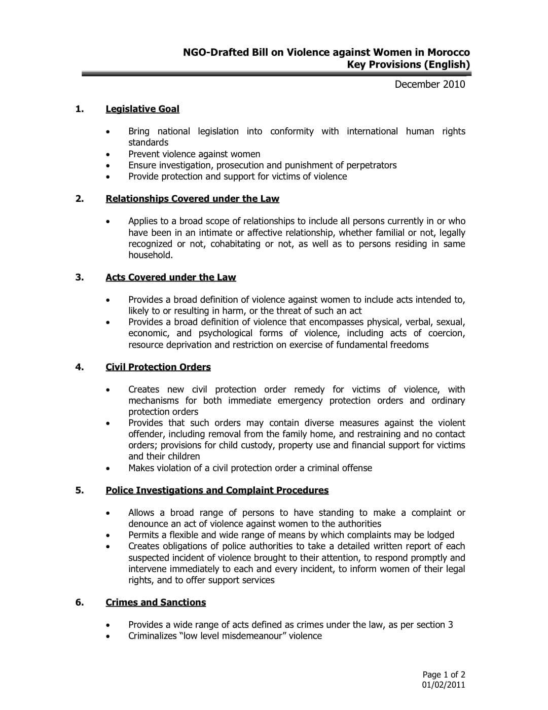 Cover of NGO Violence Against Women Bill Key Provisions.