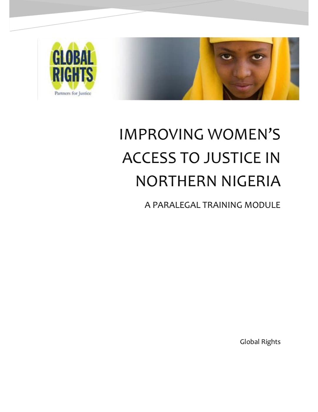 Cover of A Paralegal Training Module: the Global Rights mark beside a photograph of a young woman in a yellow headscarf, above the title in grey capitals.