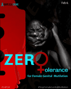 Zero Tolerance for Female Genital Mutilation poster, marking 6 February, over a portrait of a girl.