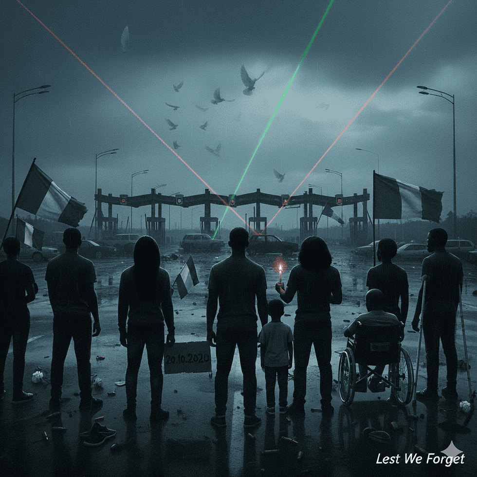 Illustration of a crowd standing in the rain facing the Lekki Toll Gate under a dark sky, holding Nigerian flags, a candle and a placard reading 20.10.2020, with doves overhead and the words “Lest We Forget”.