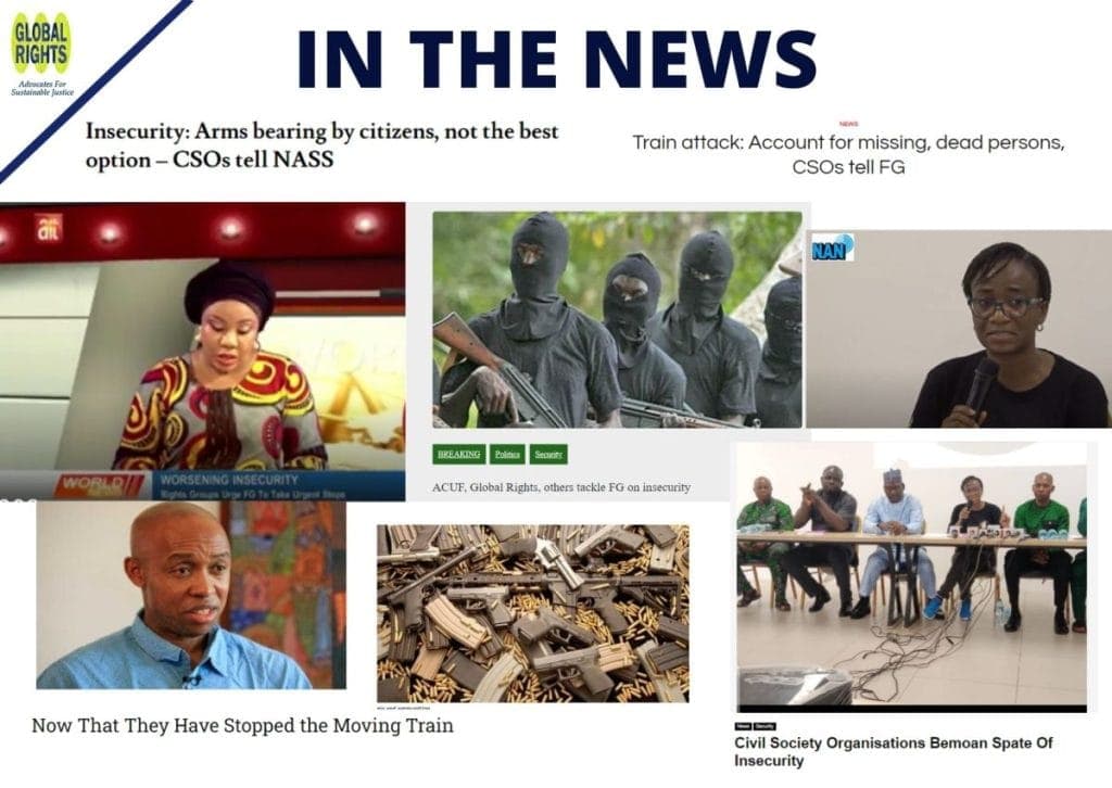 An “In the News” collage of press and broadcast coverage of the joint civil society briefing, with headlines including “Insecurity: Arms bearing by citizens, not the best option – CSOs tell NASS” and “Train attack: Account for missing, dead persons, CSOs tell FG”.