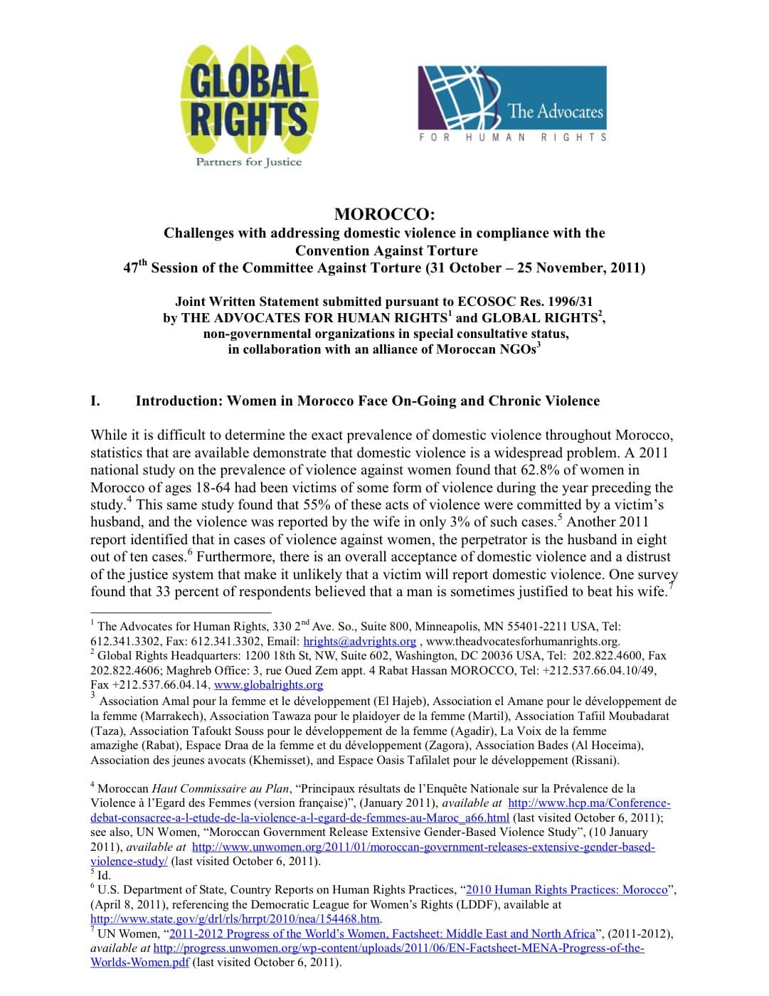 Cover of MOROCCO: Challenges with Addressing Domestic Violence in Compliance with the Convention Against Torture.