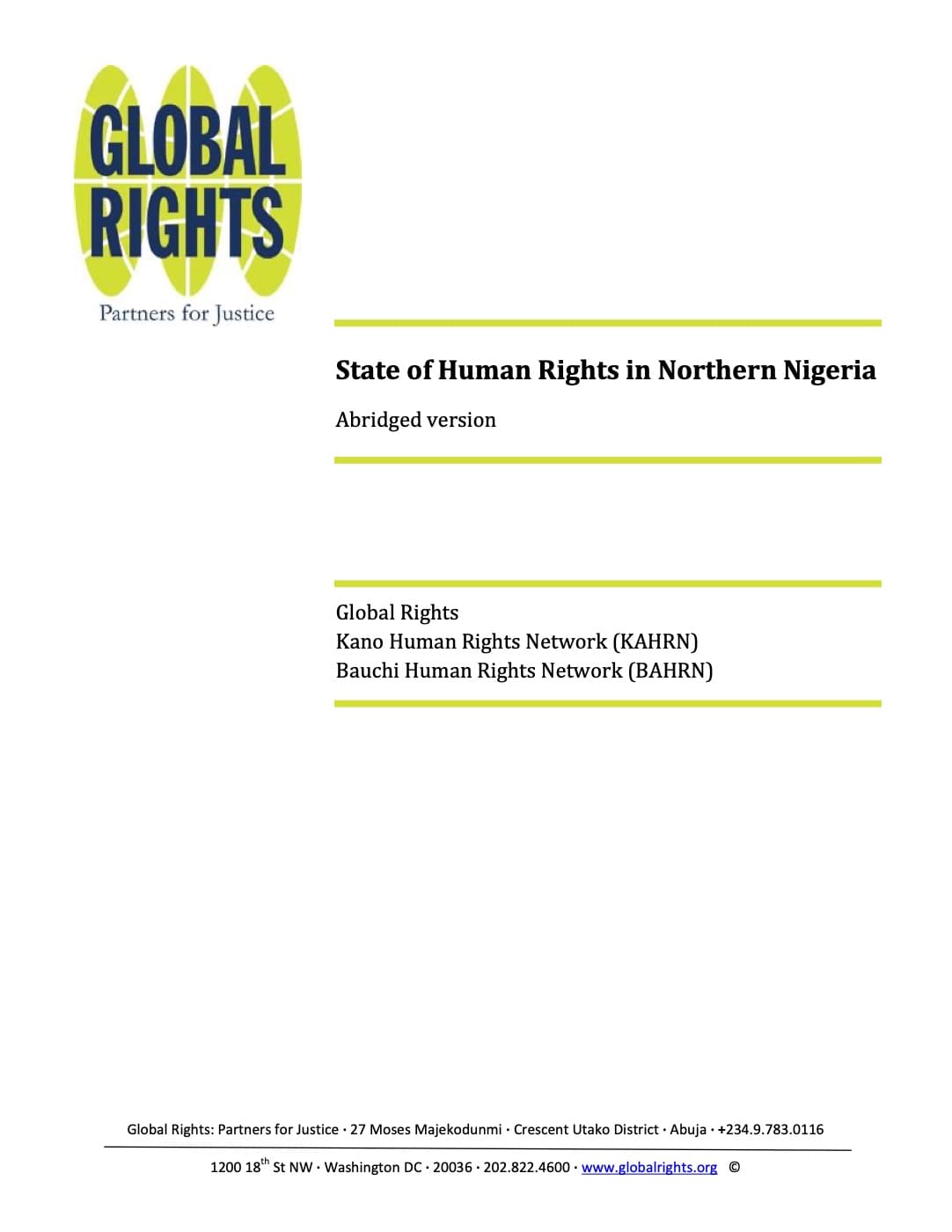 Cover of State of Human Rights in Northern Nigeria, abridged version, published by Global Rights with the Kano and Bauchi Human Rights Networks.