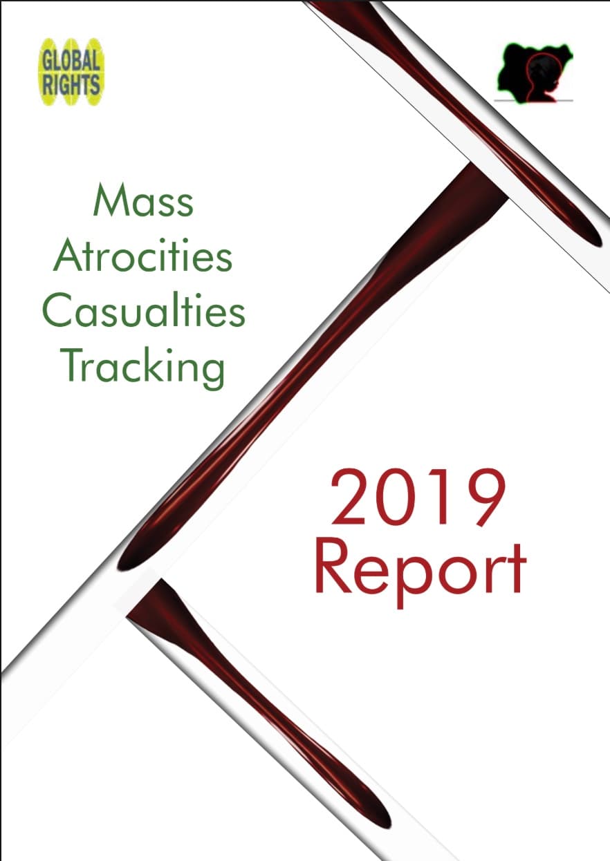 Cover of the Mass Atrocities Casualties Tracking 2019 Report: green lettering beside a dark red brushstroke over the outline of Nigeria.