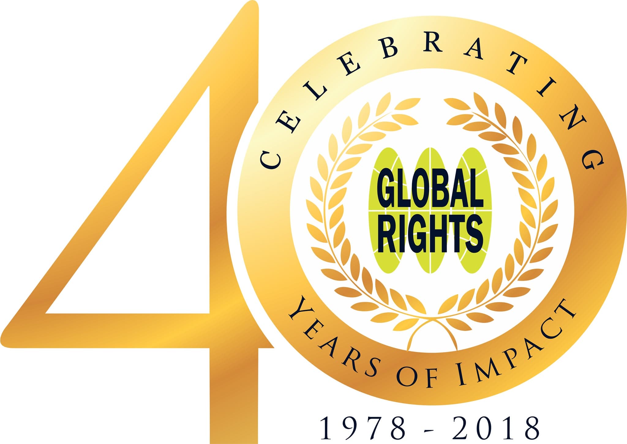 The Global Rights emblem set in a gold “40”, reading Celebrating 40 Years of Impact, 1978–2018.