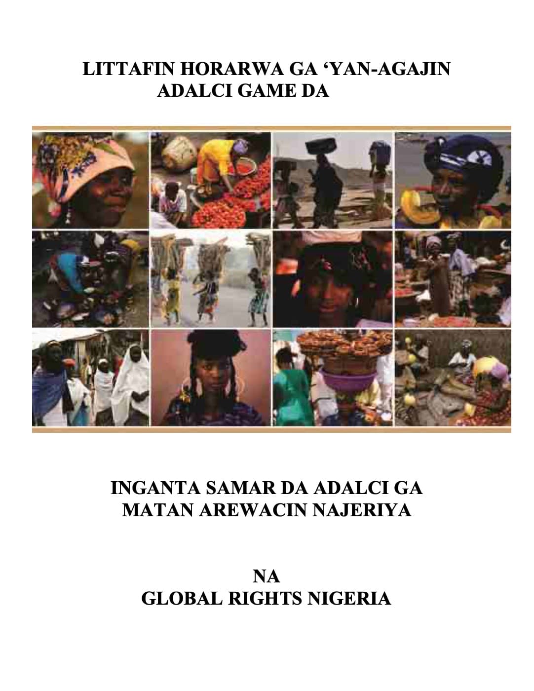 Cover of the Hausa language paralegal training manual, a grid of photographs of women and children in northern Nigeria beneath the title.