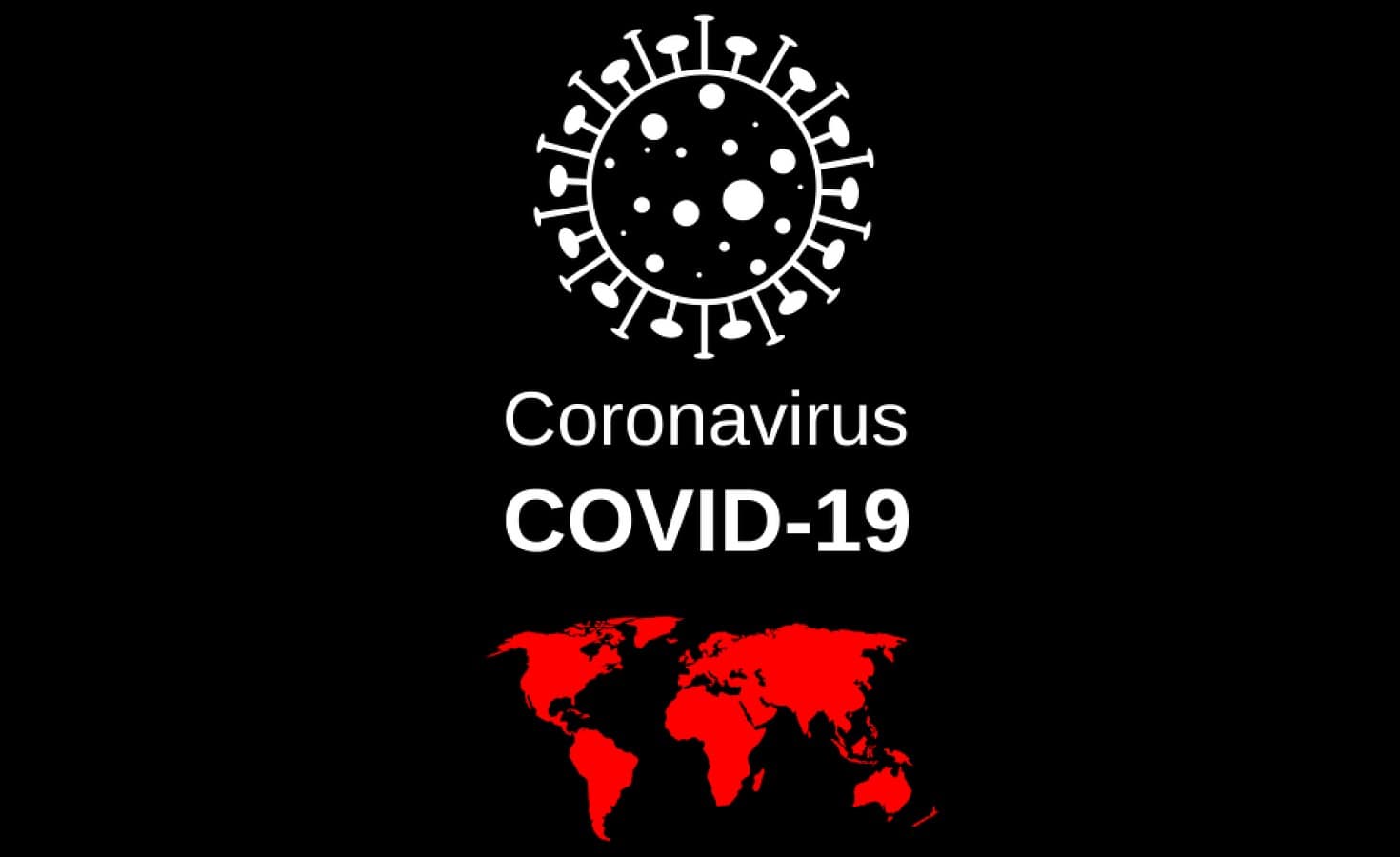 A black graphic reading “Coronavirus COVID-19” beneath a white virus illustration, above a red world map.