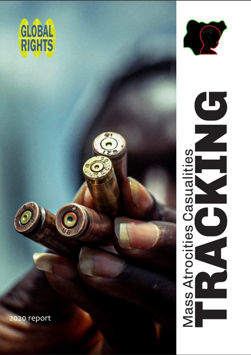 Cover of the 2020 Mass Atrocities Casualties Tracking report: a hand gripping rifle cartridges, over the word TRACKING set vertically in white.