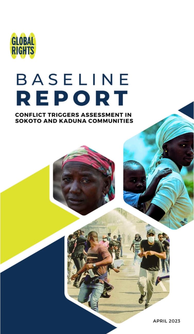 Cover of the Baseline Report: Conflict Triggers Assessment in Sokoto and Kaduna Communities, navy and yellow with photographs of women and community members.