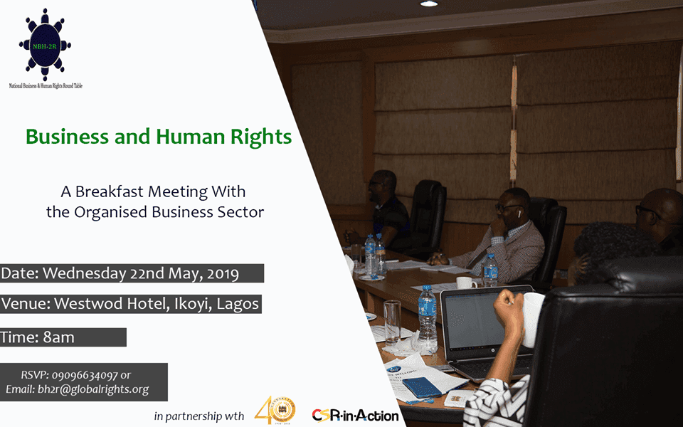 Poster for the NBH-2R breakfast meeting: Wednesday 22nd May 2019, Westwod Hotel, Ikoyi, Lagos, 8am, beside a photograph of delegates around a boardroom table.